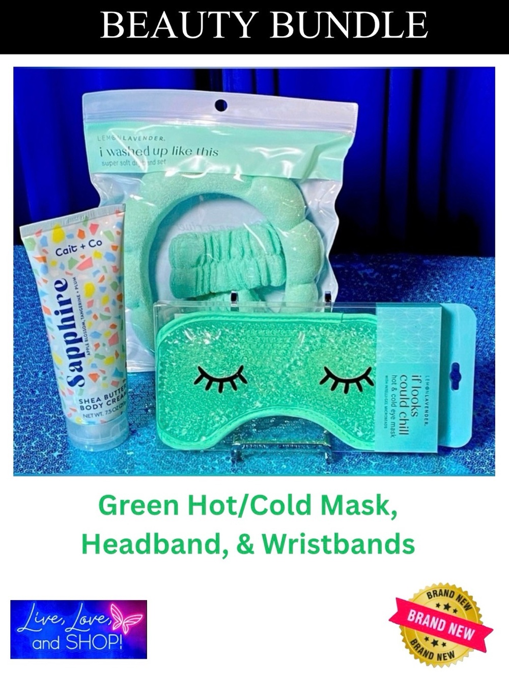 BEAUTY BUNDLE: Green Hot/Cold Mask, Headband, Wristbands, Shea Butter Cream, NIP